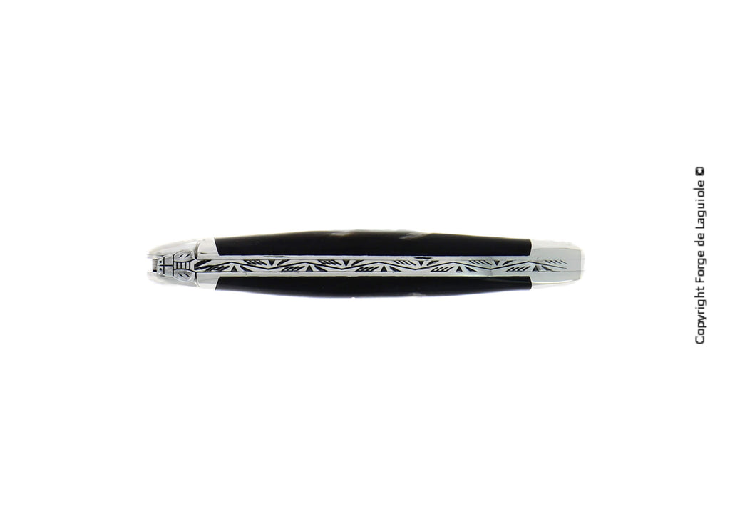 Forge De Laguiole foldekniv, 11 cm, håndtak med mørk hornspiss, blank overflate