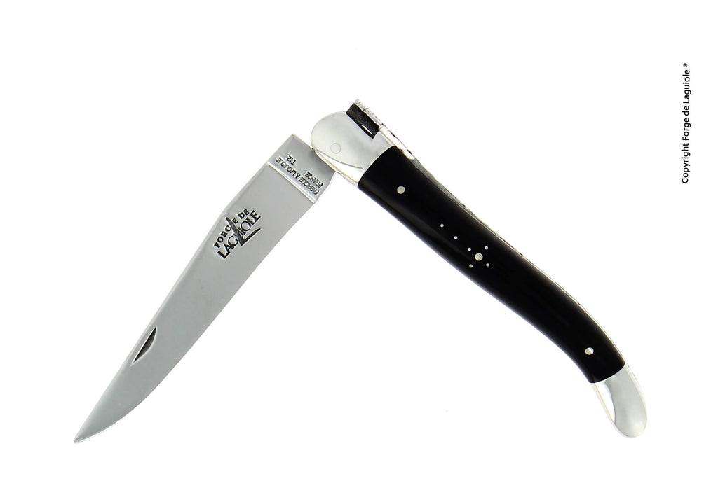 Forge De Laguiole foldekniv, 11 cm, håndtak med mørk hornspiss, blank overflate