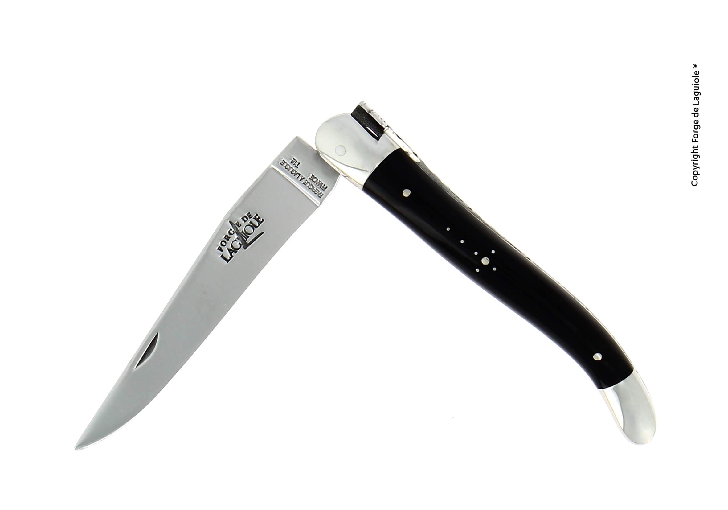 Forge De Laguiole foldekniv, 11 cm, håndtak med mørk hornspiss, blank overflate