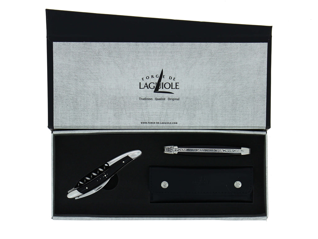 Gavesett - Mørk Horn (Dark Horn) - Sommelier vinåpner og lommekniv. Høyglanspolert finish