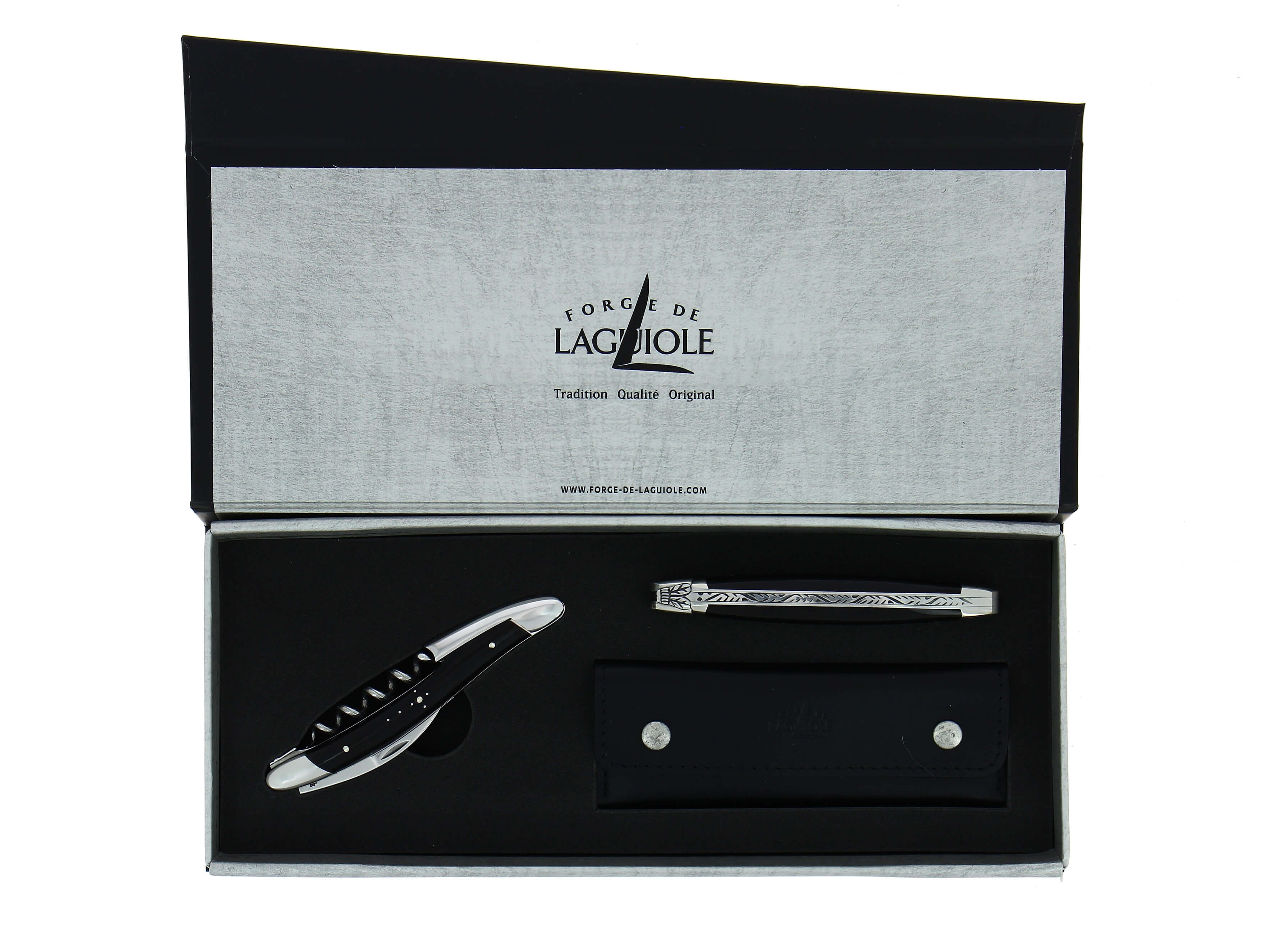 Gavesett - Mørk Horn (Dark Horn) - Sommelier vinåpner og lommekniv. Høyglanspolert finish