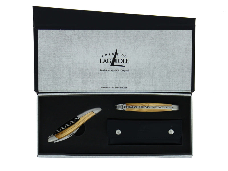Gavesett - Oliventre - Sommelier-vinåpner og foldekniv - Forge De Laguiole